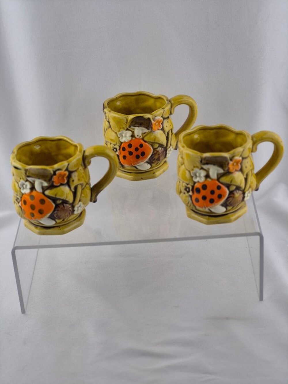 Vintage 1970s Fred Roberts Co. Ceramic Mugs Mushrooms & Flowers Set of 3 Japan